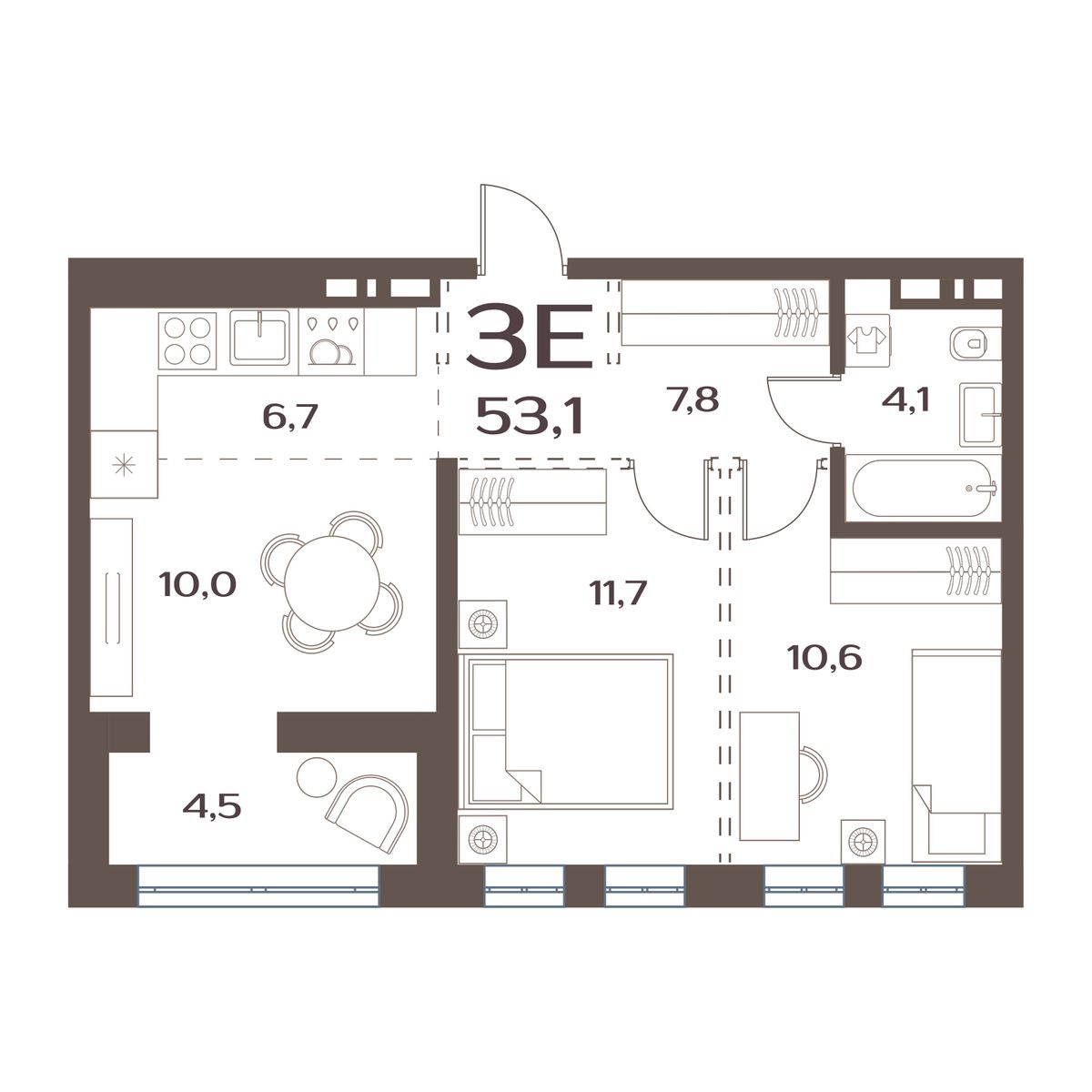 ЖК Меридианы Улисса, 2-комн кв 53,1 м2, за 7 649 000 ₽, 2 этаж